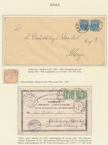 1888-1910. HASLE. 2 udstillingsplancher med 4 forsendelser fra Hasle Bornholm incl. postkort til SIAM