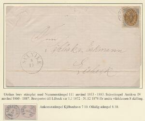 1870. 8 sk. gråbrun. Single på brev fra SVANIKE 5.10.1874 til Lübeck. Mærke med fejl og brevomslag med rift i venstre side. DAKA 5500