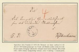 1853. ISPOSTBREV fra SVANIKE 1.3.1853 til København. Da Øresund var tilfrosset kunne posten fra Bornholm ikke sejles til København