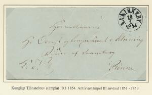 1854. Tjenestebrev fra Aakirkeby til Rønne. Antiquastempel AAKIRKEBY 10.1.1854. Pragtkvalitet. Attest Nielsen