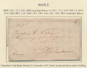 1843. Francobrev fra HASLE Bornholm dateret 21.November 1843, sendt til Kjøbenhavn. Fuldt indhold