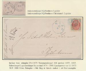 1875. 8 øre lysgrå på brev fra Nexø til København. Annulleret med nr.stempel 104 og lapidarstempel NEXØ 25.6 begge i LYSENDE BLÅ FARVE . Pragtbrev