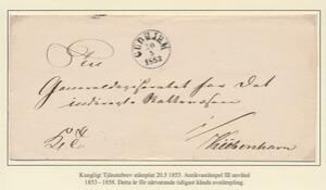 1853. Tjenestebrev fra Gudhjem til København. Flot antiquastempel GUDHJEM 20.5.1853. Tidligst kendte dato. DAKA 1500