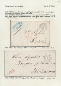 1855-1858. Udstillingsplanche med 2 breve fra Hamburg til henholdsvis Skielskør og København. Det nedre adresseret til Hans Majestät Kongen af Danmark
