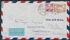 1941. 1,05 kroners frankering på censureret Luftpost-brev til Danmark, stemplet i GODTHAAB 16-6-1941.