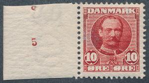 1907. Fr. VIII, 10 øre. Postfriskt enkeltmærke med lille oplagsnummer 5. Sjældent