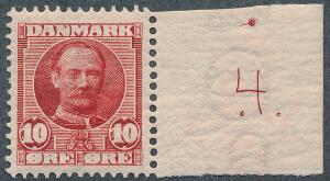 1907. Fr. VIII, 10 øre. Postfriskt enkeltmærke med lille oplagsnummer 4. Sjældent