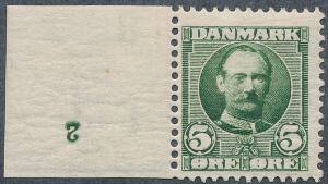 1907. Fr. VIII, 5 øre. Postfriskt enkeltmærke med lille oplagsnummer 2. Sjældent