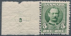 1907. Fr. VIII, 5 øre. Postfriskt enkeltmærke med lille oplagsnummer 3. Sjældent