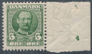 1907. Fr. VIII, 5 øre. Postfriskt enkeltmærke med lille oplagsnummer 4. Sjældent