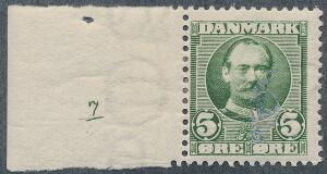 1907. Fr. VIII, 5 øre. Postfriskt enkeltmærke med lille oplagsnummer 7. Sjældent