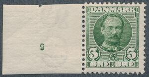 1907. Fr. VIII, 5 øre. Postfriskt enkeltmærke med lille oplagsnummer 9. Sjældent