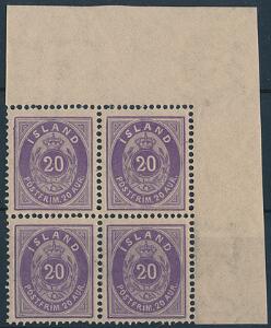 1876. 20 Aur, violet. Øvre postfrisk hjørne MARGINAL 4-BLOK. Flot centrering. Facit 4500