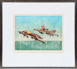 Roberto Matta Komposition fra serien Les Transesports. Sign. monogram 94100. Ætsning og akvatinte i farver. Bladstørrelse 29 x 39.