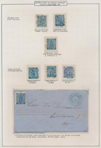 1858. 12 Öre, blå. Udstillings-planche med 6 smukke mærker samt brev med BLÅT stempel.