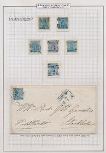 1858. 12 Öre, blå. Udstillings-planche med 6 smukke mærker samt brev.