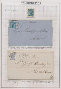 1858. 12 Öre, blå. Udstillings-planche med mærke samt 2 breve.