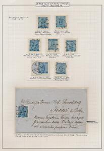 1858. 12 Öre, blå. Udstillings-planche med 7 mærker samt brev.
