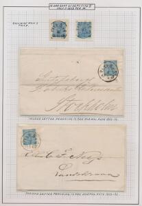 1858. 12 Öre, blå. Udstillings-planche med 2 mærker samt 2 breve.