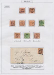 1858. 4 sk. Smuk lille special-samling, opsat på 9 udstillingsplancher med bl.a. mange varianter samt 2 stk. 8 sk. grøn.