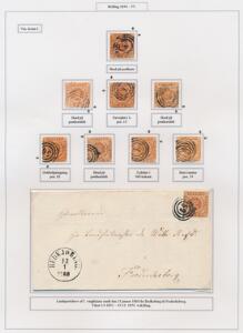 1854. 4 sk. Brun. Smuk lille special-samling, opsat på 5 udstillingsplancher med bl.a. mange varianter incl. retouch m.m.