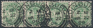 1902. 5 øre, Våben, grøn. Vm.III. Smuk 4-STRIBE, annulleret med retvendte SKOTSK stempel EDINBURGH MR 22 06.