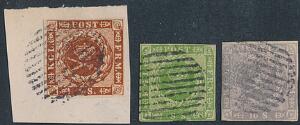 1854-1858. 3 skillingsmærker, alle annulleret med NORSK 11-STREGS-STEMPEL. Sjældent.