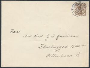 1921. Chr. X, 20 øre brun. Variant HAGE PÅ E I ØRE. Single på smukt brev fra SKJØRPING 22.10.24, sendt til København. Sjælden variant på forsendelse.