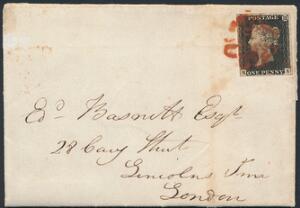 England. 1840. One penny, black. Pænt brev til London.