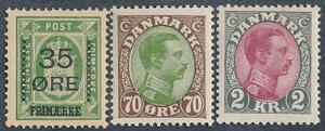 1912. 3532 øre, grøn, 70 øre, brungrøn og 2 kr. grårødlilla. 3 pæne postfriske mærker. AFA 1850