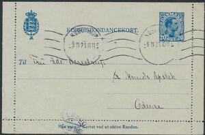 1921. 20 Øre, Chr.X, Helsag, blå. Korrespondancekort uden fabrikationsnummer.