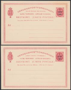 1902. Helsags brevkort, 13 cents, rød. 2 stk. med variantert Stort rammebrud i højre side af mærkebilledet og Let tilted mærkebilled m.v.