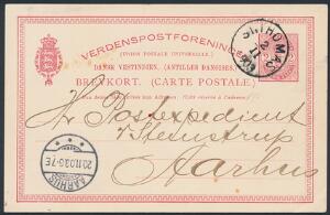 1903. Helsags brevkort, Våben, 2 cents, rød. Sendt fra St. Thomas 2.11.1903 til Aarhus