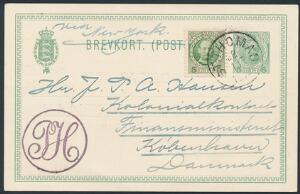 1907. Fr.VIII, 5 bit, grøn på tilsvatrende helsags brevkort, sendt fra St. Thomas 28.11.1914 til København. På tekstsiden julemærke 1914