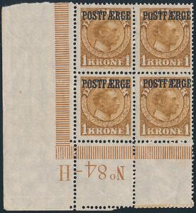 1919. Chr.X. 1 kr. gulbrun. Flot postfrisk fireblok med nedre marginal 84-H