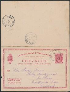1898. 3 cents dobbelt-brevkort, sendt fra Christiansted 14.3.1898 til Otterup, Danmark. Vedhængende ubrugt svarkort