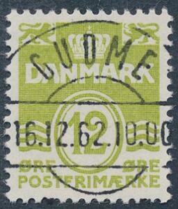 1962. Bølgelinie. 12 øre, lysegrøn. Fluorecerende papir. LUXUS-stempel GUDME 16.12.62.