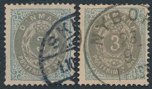 1875. 3 øre, gråblå. Både ret og omvendt ramme, begge med varianten UDEN FØRSTE A I DANMARK. Stemplede. AFA 2800