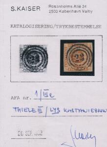 1854. 4 RBS Thiele III, lys kastaniebrun. Annulleret med nr.stempel 23. Udtalelse Kaiser.