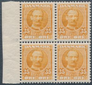 1907-1912. Fr.VIII. 35 øre, gul. Postfrisk 4-BLOK med variant TRISSEFEJL. AFA 1520