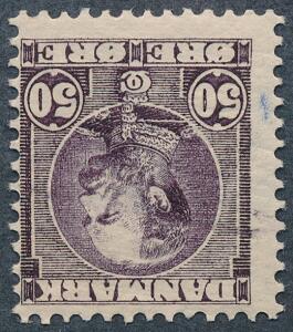 1905. Chr. IX, 50 øre brunlilla. OMVENDT VANDMÆRKE. Sjældent ubrugt mærke, undervurderet. AFA 1200