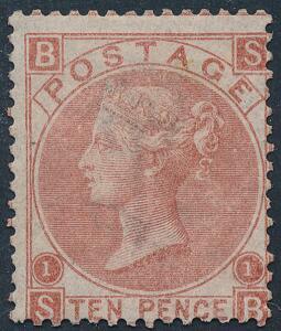 England. 1867. Victoria. 10 Pence, rødbrun. Sjældent ubrugt mærke, uden gummi. SG £ 3500