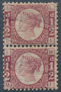 England. 1870. Victoria. 12 d. rosa. Lodret ubrugt parstykke, hvoraf nedre mærke er postfrisk. SG £ 240 for hængslet.