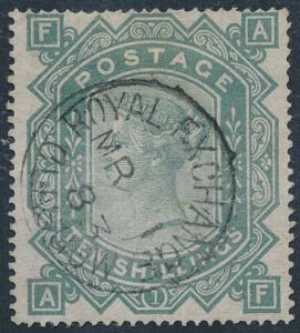 England. 1880. Victoria. 10 sh. grønlig grå. W 39. Pænt stemplet eksemplar, optakket i nord. SG £ 3200