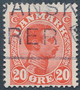 1925. Chr. X, 20 øre rød. Variant HAGE PÅ E I ØRE. Stemplet. AFA 2200