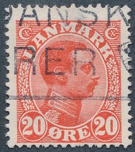 1925. Chr. X, 20 øre rød. Variant HAGE PÅ E I ØRE. Stemplet. AFA 2200