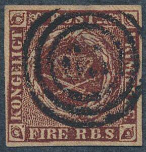 1853. 4 RBS Thiele II, mørk rødbrun. Plade I, nr. 19 PEMBERTON DOBBELTPRÆG. Meget smukt eksemplar