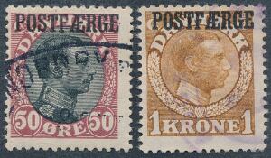 1919. Chr.X. 50 øre, vinrødsort og 1 kr. gulbrun. 2 pæne stemplede mærker