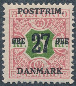 1918. 27 øre5 kr. rødgrøn. OMVENDT VANDMÆRKE. Postfrisk. AFA 500 for hængslet og uden pris for postfrisk.