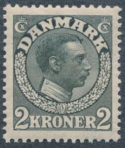 1913. Chr. X, 2 kr. Skifergrå. Perfekt centreret postfrisk mærke. AFA 3200